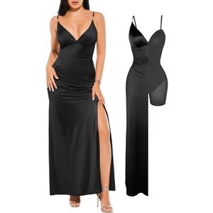 Popilush Women's Sexy Maxi Dress Deep V Neck Ruched Shapewear Dresses Side Slit Formal Cocktail Party Dress, Black, Small