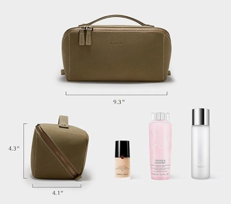 EACHY Leather Makeup Bag, Portable 180° Wide-Open Flat Cosmetic Bag for Women, Large Capacity Make Up Organizer Makeup Pouch with Divider and Handle, Khaki