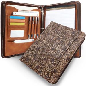 Western Vintage Floral Embossed Faux Leather Zippered Padfolio with 3 Ring Binder, Executive Portfolio Organizer Binder for Women, Fits 13.9" Laptop/Tablet, Refillable Writing Pad Pocket (Zipper Portfolio(13.7"x11"x1.57"))