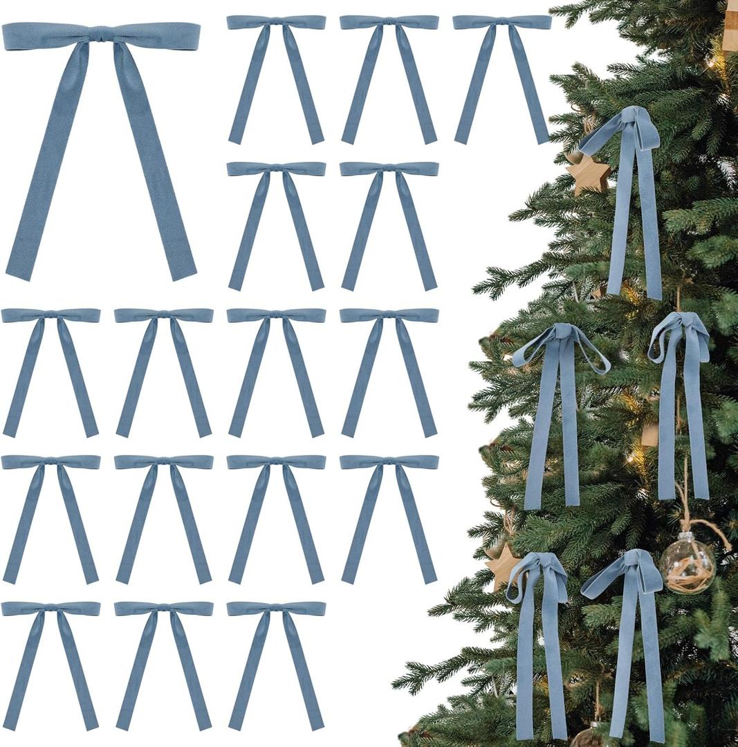 24 Pcs Velvet Bows Christmas Tree Ornaments Vintage Double Faced Velvet Ribbon Bows for Tree Garland Wreath Indoor Outdoor Xmas(5 x 7 Inch, Width of 5/8",Dusty Blue)
