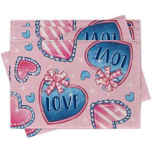 Valentines Day Love Placemats Set of 4, Blue Pink Hearts Dining Place Mats Table Decor, Anniversary Wedding Home Kitchen Decoration 12 x 18 Inch