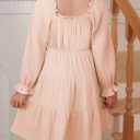 blibean Girls Cotton Long Sleeve Dresses Ruffled Boho Tiered Dress Size 6-15 Years (Beige, L)