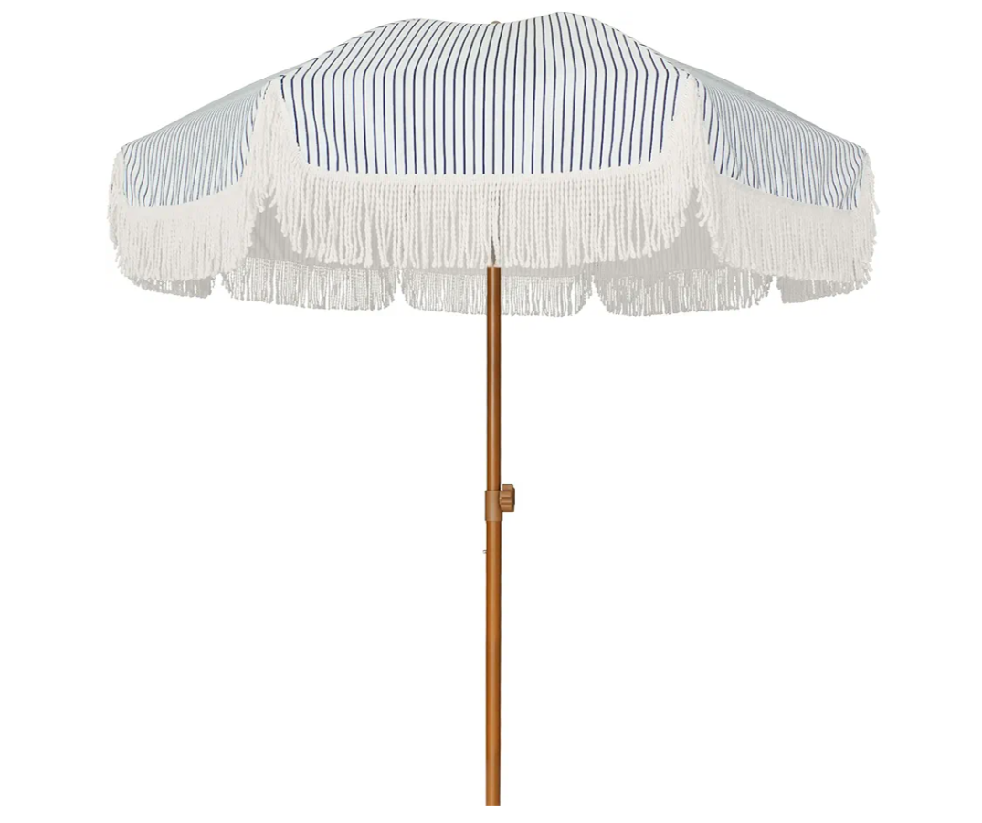 AMMSUN 7ft Patio Umbrella with Fringe Outdoor Tassel Umbrella UPF50+ Premium Steel Pole and Ribs Push Button Tilt, Navy Blue Stripes