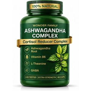 WONDER FAMILY Ashwagandha Complex Cortisol Reducer 800mg with GABA, L-Theanine & B6 400mg Ashwagandha per Day - Adaptogenic Support for Calm, Focus & Mood 60 Capsules Lab-Tested