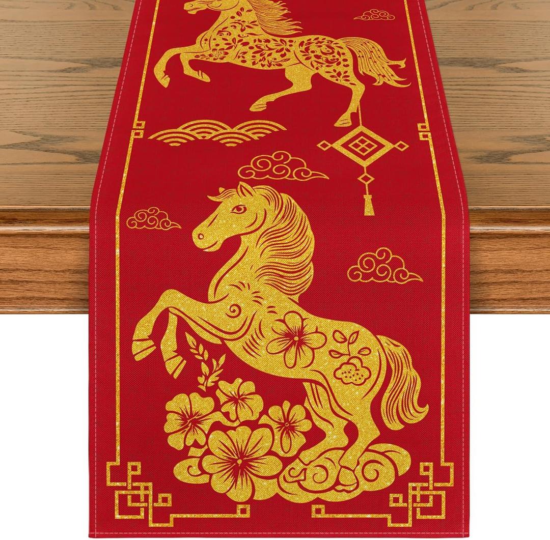 Artoid Mode Chinese Zodiac Horse 2026 Happy Lunar New Year Table Runner, Spring Festival Winter Kitchen Dining Table Decoration for Home Party 13x72 Inch (Red)