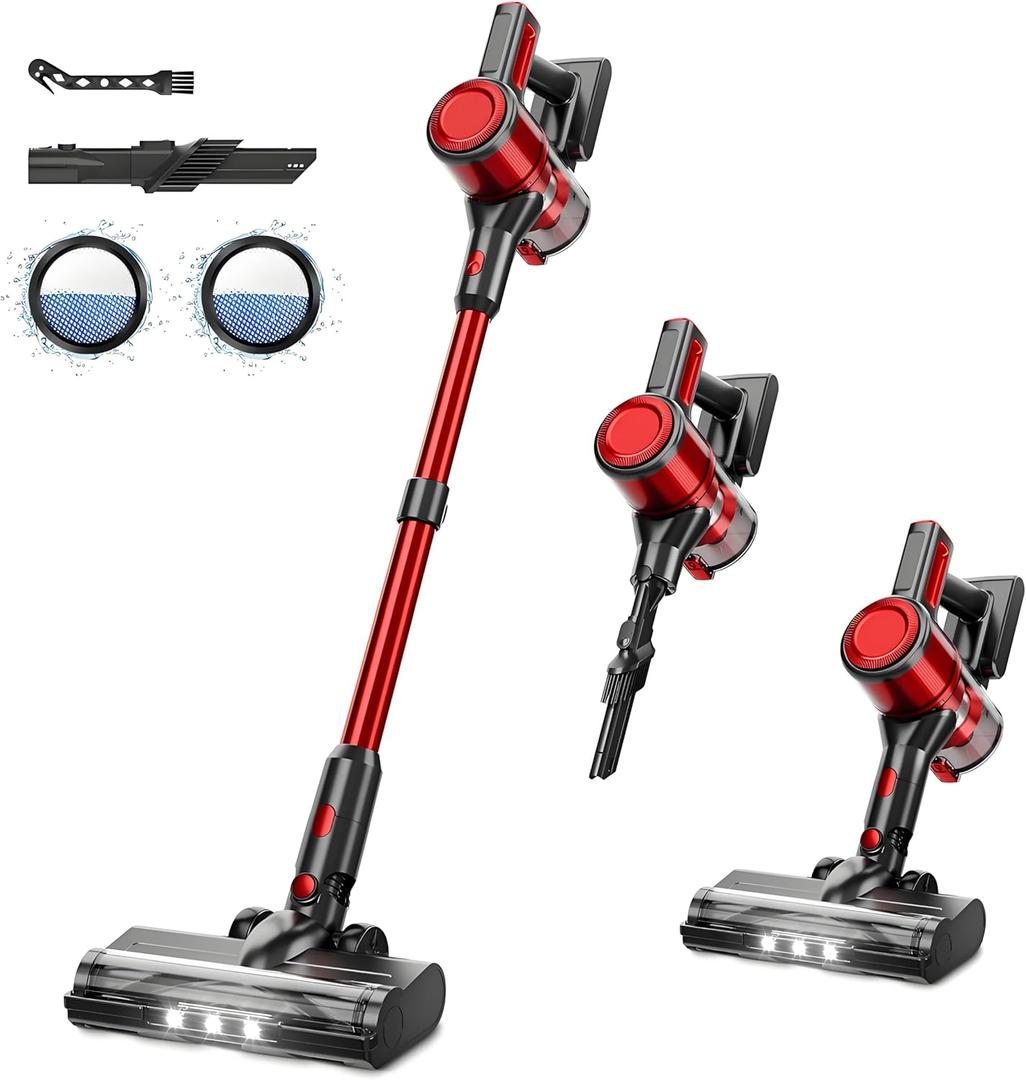 BSNAW Cordless Vacuum Cleaner for Home - Lightweight, Stick Vacuum Clean with Rechargeable Battery, Max 45Mins Runtime, 8 in 1 Handheld Vacuum for Hardfloor & Carpets Pet Hair, Red&Black