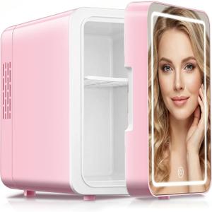 CUTIEWORLD Skincare Fridge With Dimmable LED Light Mirror, 4L Makeup Mini Fridge for Bedroom, Car, Office & Dorm, Cooler & Warmer, Portable Small Refrigerator for Cosmetics, Skin Care and Food, Pink