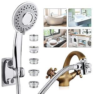 Sink Hose Shower Sprayer Attachment - Faucet Extension w/ 5 Adapters For Bathroom Bathtub, Kitchen Faucet, Utility Laundry Tub, Garden Hose Thread Spout For Delta, Moen, Kohler, American Standard, Silver