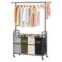 Tajsoon Laundry Sorter Cart with Hanging Clothes Rack, 4 Butler Sorter Basket Organizer, Laundry Hamper Cart with Heavy Duty Rolling Lockable Wheels, 4 Colors