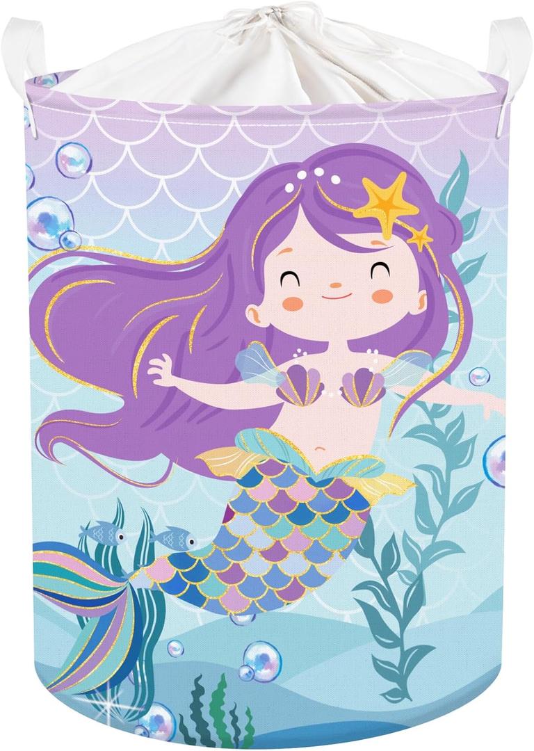 Clastyle 45L Cute Purple Mermaid Girls Laundry Basket Round Blue Ocean Toy Clothes Storage Basket for Children's Room 36 x 45 cm
