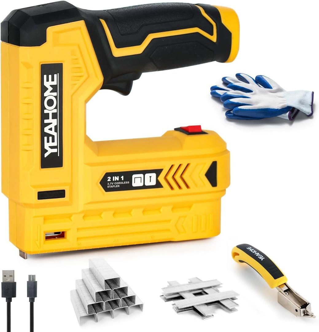 YEAHOME Electric Staple Gun, 2 in 1 Light Duty Cordless Staple Gun for Upholstery with 2000 Staples & Nails, 3.7V Brad Nailer Kit with USB Charger & Staple Remover for Wood, Carpentry, Crafts, DIY