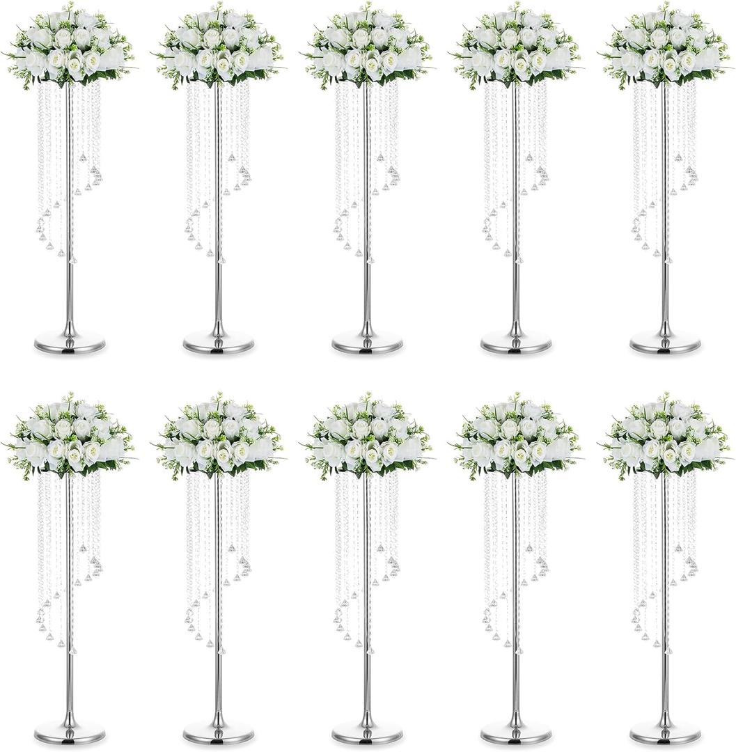 Nuptio Wedding Centerpieces Silver Vases: 10 Pcs 35.4in Tall Crystal Flower Vase Metal Flowers Stand for Party Tables Decorations - Elegant Bulk Weddings Decoration Table Chandelier Centerpiece stands