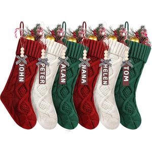 Set of 6 Personalized Christmas Stockings with Wooden Name Tags, 18" Xmas Cable Knitted Stocking  Holiday Hanging Decor Gifts for Family Party (White, Red, Green)