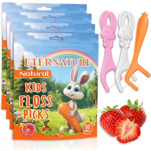 2Kids Flossers 200ct, Strawberry Flavored Bunny & Carrot Dental Floss Picks for Toddlers, Easy-to-Hold Biodegradable Flossers, BPA & Fluoride Free