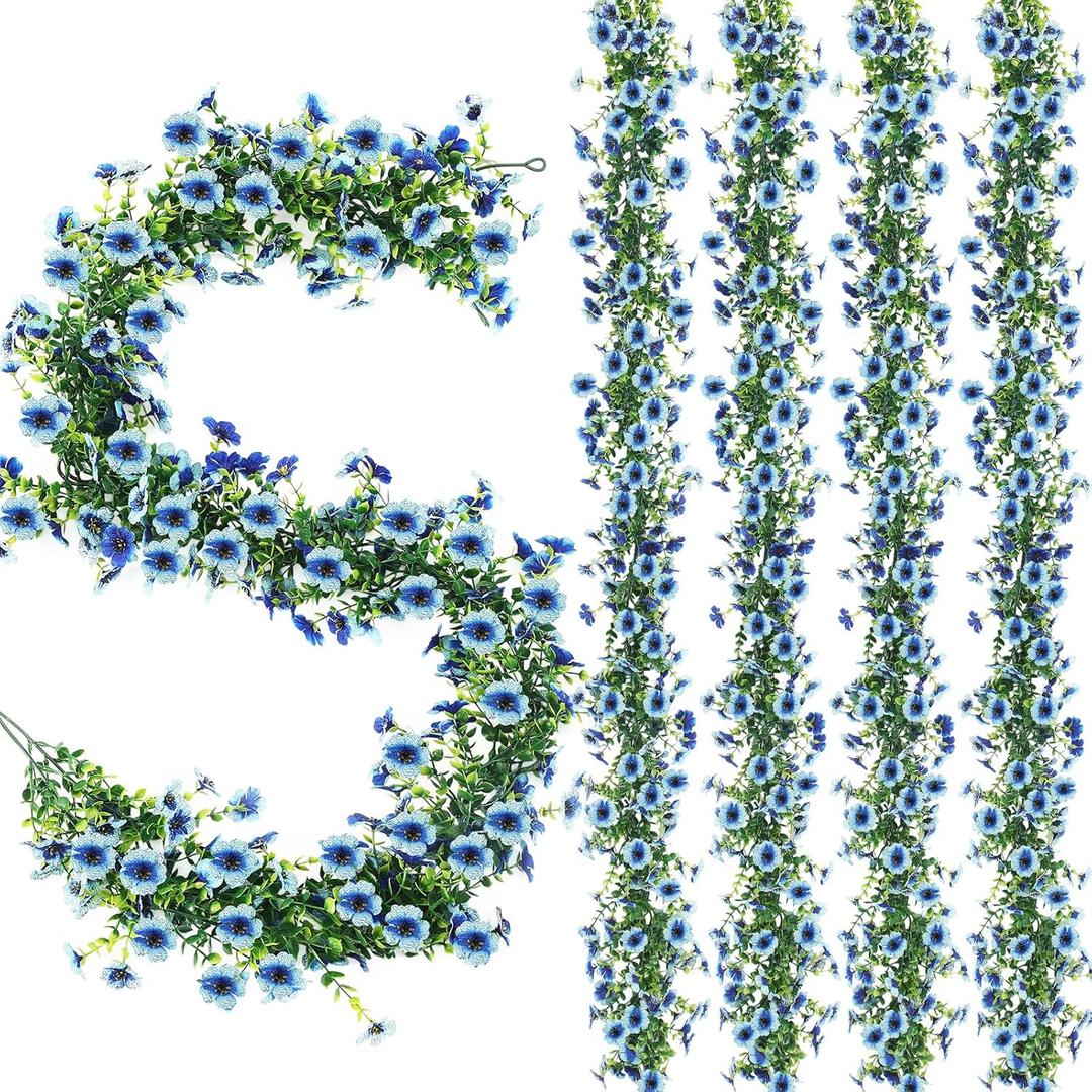 2 Pcs 6 ft Artificial Flowers Wisteria Garland Fake Hanging Wisteria Flowers Green Vines Garlands, Faux Flower Daisy with Eucalyptus Leaves for Garden Decor (Blue)