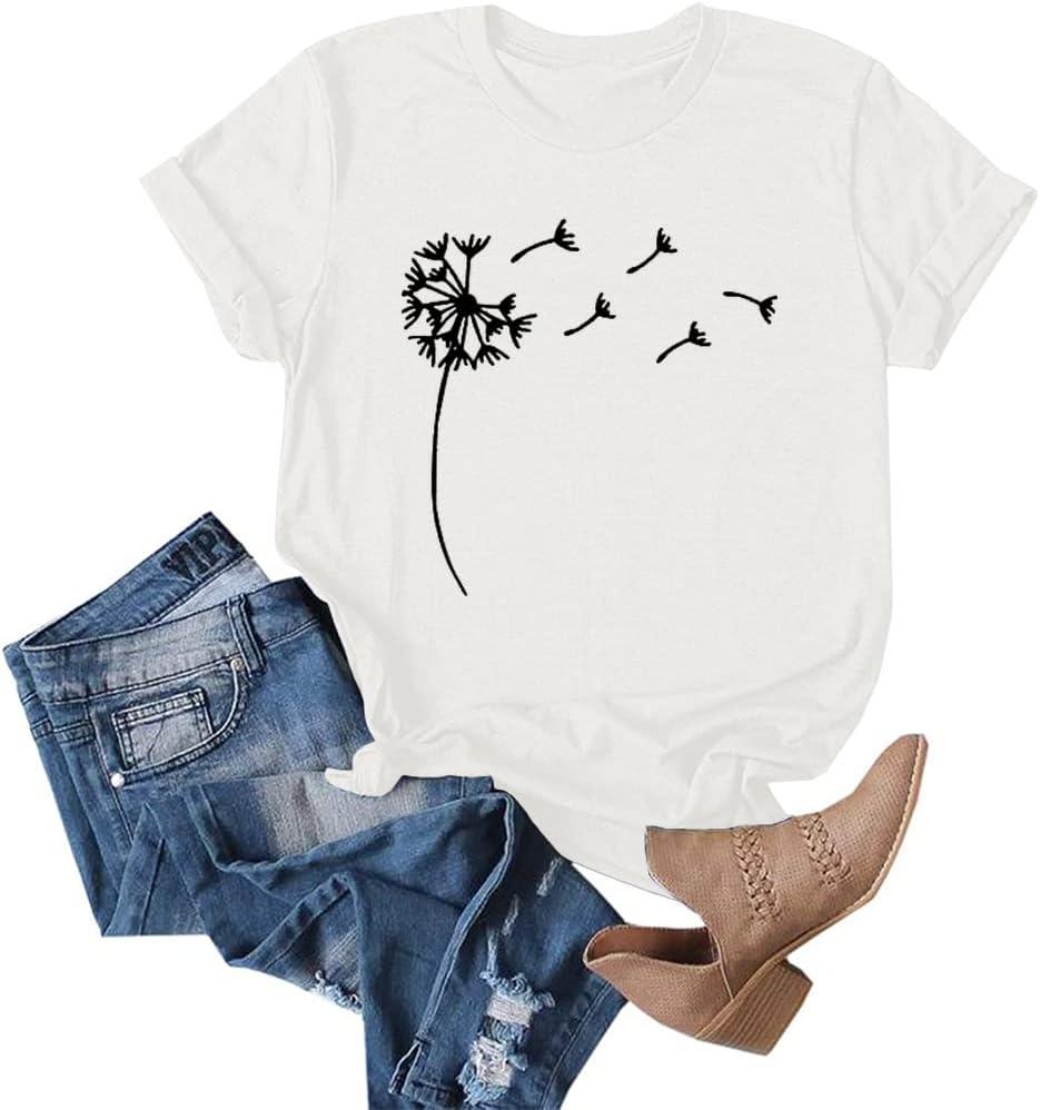 Cicy Bell Women's Dandelion Print T Shirts Cute Graphic Tees Short Sleeve Summer Cotton Tee Tops (Large)