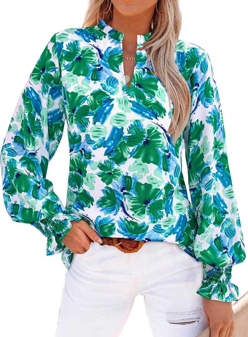 MASCOMODA Womens V Neck Floral Long Sleeve Tops 2026 Summer Casual Loose Puff Sleeve Chiffon Boho Work Blouse Dressy T Shirts(Green Floral, Small)