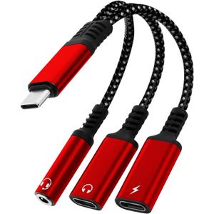 1 in 3 USB C to Type-C Charging and Type-C Headphones Plus 3.5mm Headphones PD 60W Charging Adapter, Compatible with GalaxyS22, iPad Pro, Pixel, iPhone 16 15, etc.red