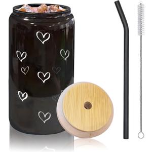 Heart Patterned Cup With Bamboo Top + Glass Straw | 16oz Can Shaped Glass | Smoothie and Iced Coffee Cup 'Black'
