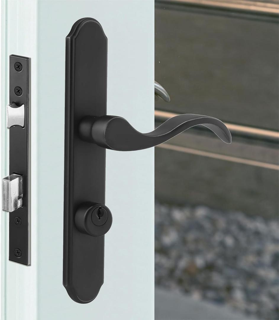 ReigaHood US Flat Slot Storm Door Handle Complete Set Fits for Larson and Wright Screen Door Hardware, 2-1/2" Handle PZ, 7/8" Backset, 7-1/4" Trimplate H.C., Non-Handed, Matte Black