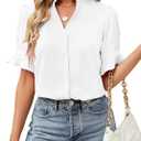 Womens Button Down Shirts Ruffle V Neck Casual Short Ruffle Sleeve Loose Plain Work Blouses Tops (XX-Large, White)