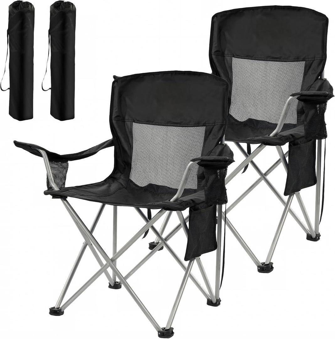 HULKFIT 2 Pack Folding Camping Chair – Heavy Duty Portable Outdoor Beach Chair for Adults with Breathable Mesh Back, Cup Holder & Carry Bag – Ideal for Backyard, Tailgating, Hiking & Travel,Black