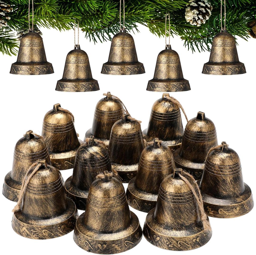 Soulchen 12 Pcs Jumbo Christmas Vintage Bells Ornaments 3.4'' Plastic Large Hanging Bells Christmas Tree Ornament for DIY Crafts Decor(Brass)