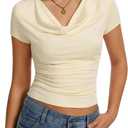 Women's Cowl Neck Tops Short Sleeve Slim Fit Ruched T-Shirts Summer Casual Dressy Business Blouses Going Out Top Beige (Beige)