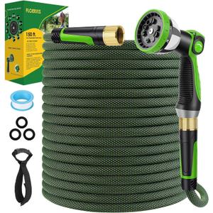 Non-Expandable Garden Hose 150 FT, Lightweight Hose with 10 Function Spray Nozzle, Kink-Free Flexible Water Hose, Durable, Leak-Proof, 360 Swivel Connectors, Portable Storage Strap