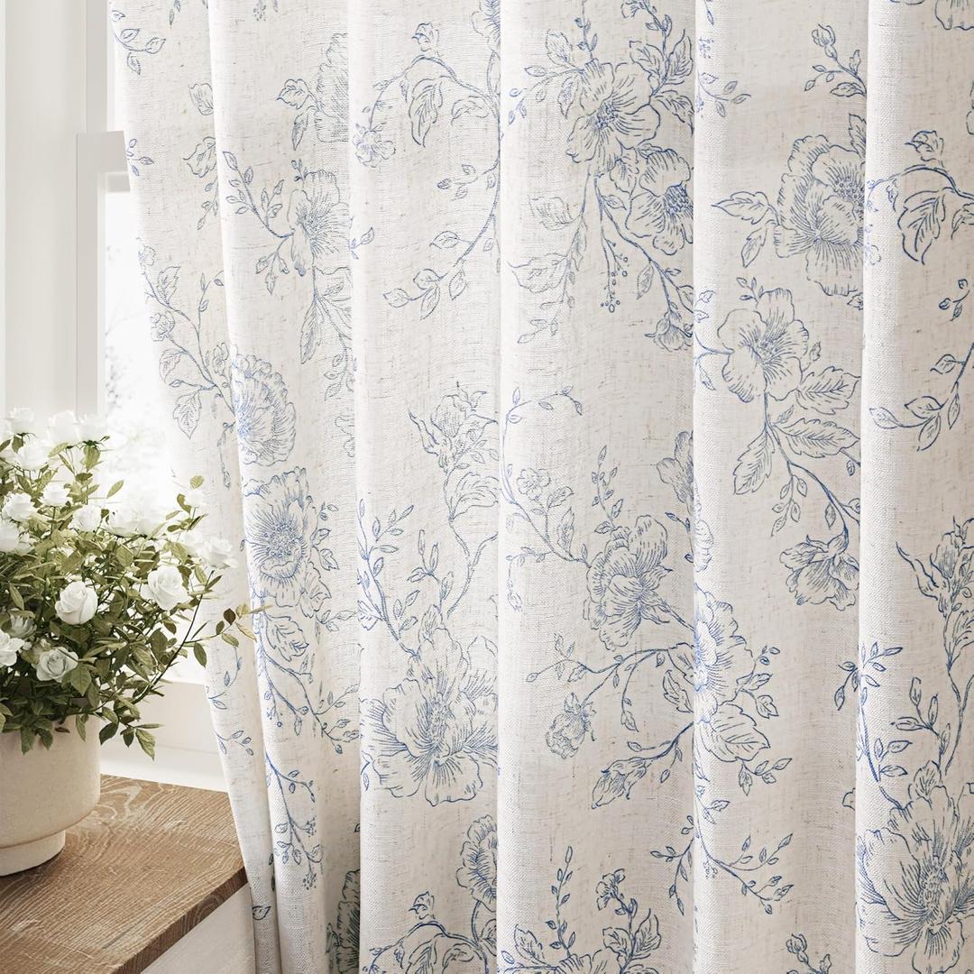 Blue Floral Curtains 84 inch Length Back Tab Farmhouser Living Room Light Filtering Curtains Blue Pattern Print on Cream White Linen Curtain Panel Minimalist Aesthetic Sketch Style Vintage Room Decor