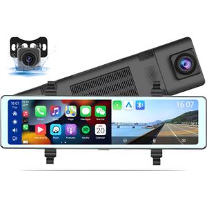 Mirror Dash Cam with Wireless Apple Carplay&Android Auto,11.26" Voice Control Rear View Mirror 1080P Front and Rear View Dual Cameras,FM Transmitter,Night Vision,Parking Assistance, WDR,Loop Recording