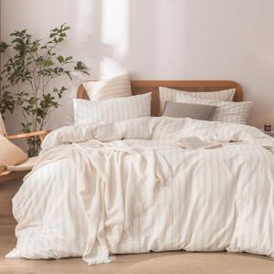 BESTOUCH Duvet Cover Set 100% Washed Cotton Linen Feel Super Soft Comfortable Chic Lightweight 3 PCs Home Bedding Set White & Almond Grey Stripes Queen (Queen (90" x 90"))