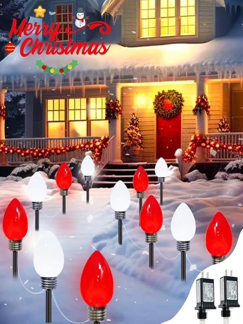 12 Pack Large C9 Christmas Decorations Outdoor, Waterproof C9 Christmas Lights Plug in with 2 Modes and Timer, Pathway Light for Party Indoor Yard Patio Walkway Garden Xmas Decoration (Red and White)