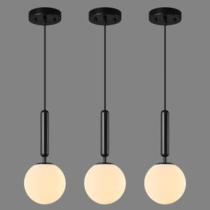 Modern Hanging Light Fixture Pendant Lighting for Kitchen Island Mid Century Black Pendant Lights with Globe Milky White Glass Pendant Light for Bedroom Bathroom Entryway (3 Pack)