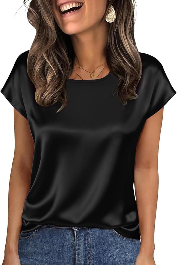 Nfsion Tops for Women Silk Satin Cap Short Sleeve Blouse Square Neck Shirts Business Casual Outfits (L)