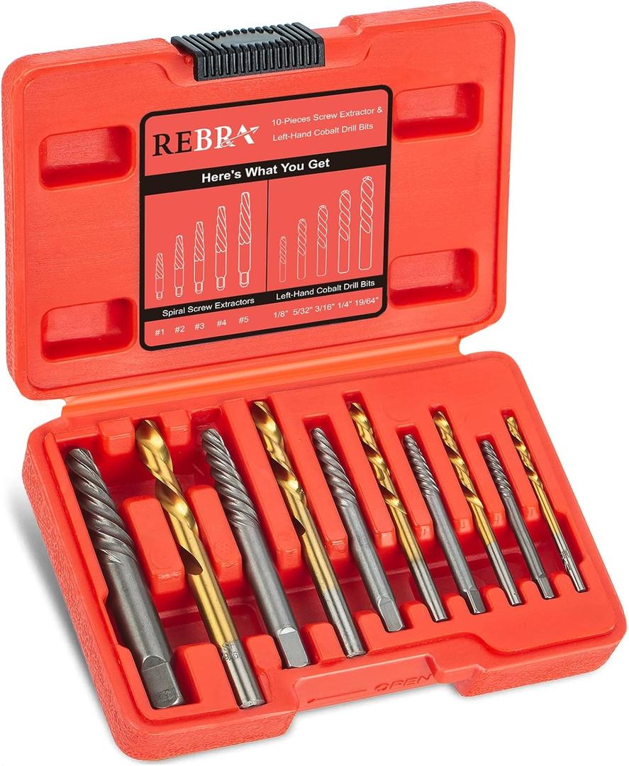 Screw Extractor Set, 37# Cr-Mo & 6542 HSS Steel Cobalt Left-Hand Drill Bit, Easy Out Broken Bolt Remover Reverse, Ez Out Stripped, Rounded-Off, Damaged Bolts, Screws&Studs Removal Tool (10-Pieces)