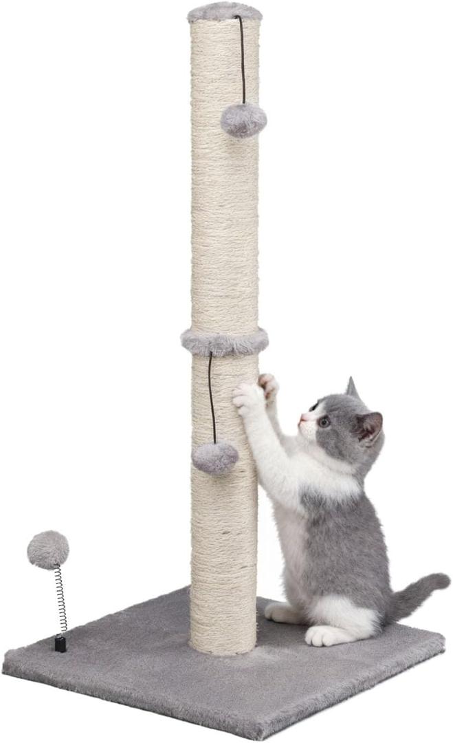 MECOOL 34 Tall Cat Scratching Post Premium Basics Kitten Scratcher Sisal Scratch Posts Trees with Hanging Ball for Indoor Cats, Gray