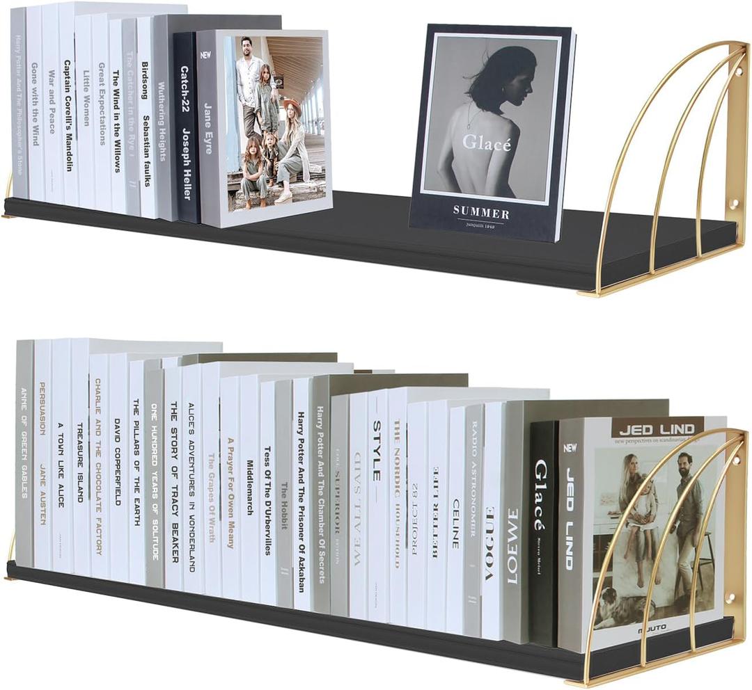 Black Gold Floating Shelves Pine Wood Large 31.57.87 Inch Black Floating Bookshelf with Elegant Lines,Book Shelf for Wall Black,Black and Gold Decor for Black Floating Book Shelves for Wall Set of 2.