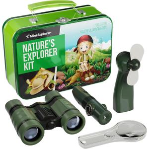 Nature Explorer Kit for Kids - Camping Gear & Accessories Play Toy Gift for Boys Outdoor Childrens Games. Birthday Gifts Toys 6 7 8 Year Old Boy. Binoculars Fan Magnifier Flashlights 5-in-1 Tool