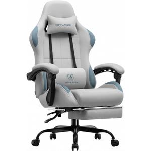 GTPLAYER Gaming Chair Fabric with Pocket Spring Cushion,Computer Office Chair with Lumbar Support for Adults Linkage Armrests and Footrest Ergonomic Gamings Chairs Height Adjustable Gray, 20 inches