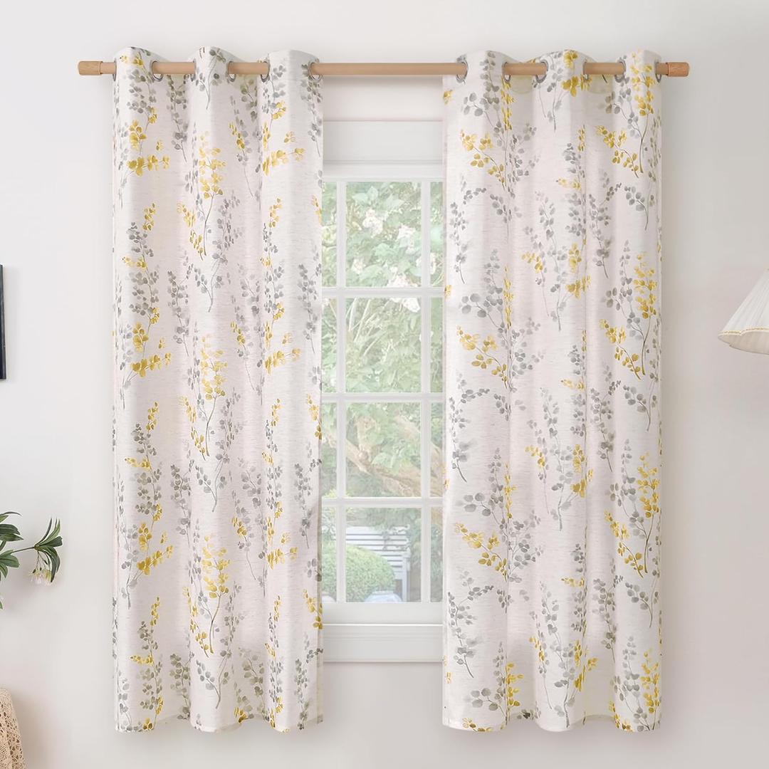 BGment Linen Curtains for Bedroom 63 Inch Length 2 Panels Set Floral Leaf Patterns, Light Filtering Window Privacy Curtains for Living Room Boho Farmhouse Vintage, Each 42 Inch Wide, Yellow