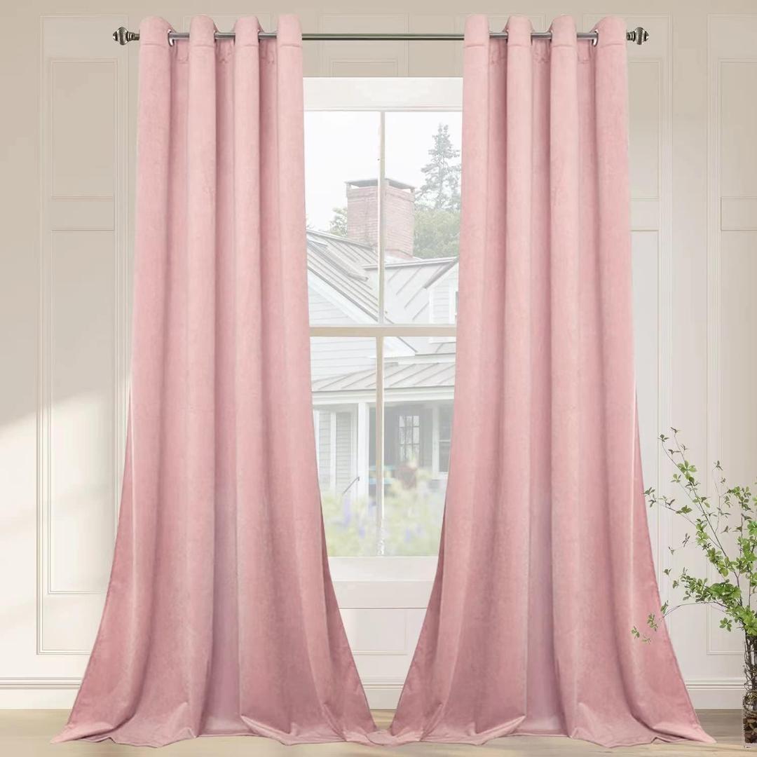 SMILETIME Pink 90in Long Luxury Velvet Curtain Panels with Grommet, Insulated Soft Privacy Noise Reducing Velvet Window Drapes Thicker Velvet Pinch Pleat Curtains for Living Room, 2 Panels, 52W x 90L