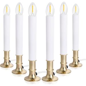 6-Pack Dusk to Dawn Electric Christmas Window Candle Lights with Shatterproof Plastic LED Bulbs, Plug-in Corded Window Candle Lamps, Auto On/ Off Light Sensor, 6 Suction Cups Included, Warm White
