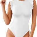 MANGOPOP Women's Body Suits Cute Crew Neck Ruffle Sleeveless Slim Fit Bodysuit Tank Tops Tight Casual Sexy (02 White) XL
