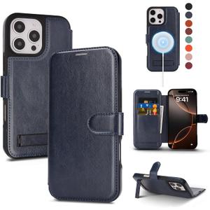 for iPhone 16 Pro Max Wallet Case with Stand,PU Leather Flip Credit Card Holder Slots (RFID Blocking),Compatible with Magsafe Magnetic Holder Phone Cover Women Men,Blue