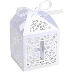 50PCS Baptism Favor Boxes, 2.2''x2.2''x2.2''Laser Cut Favor Boxes with 50 Ribbons for Baby Shower Favors Baptism Decorations First Communion Party (White)