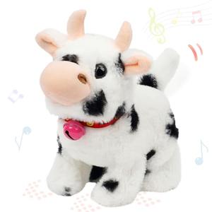 Hopearl Walking Cow Interactive Electronic Pet Plush Diary Cattle Toy with Sounds and Movements MOO Nodding Head Wag Tail Animated Gift for Toddlers Birthday, Black, 7''