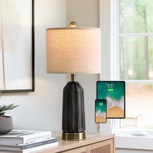 USumkky 20.25" - Table Lamp for Living Room, Bedroom, Modern Ceramic Bedside Lamp with USB Charging Port, Nightstand Lamp, Farmhouse Table Lamp (Black)