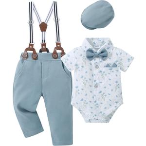 YALLET Baby Boy Clothes Suit Newborn Infant Gentleman Outfits, Formal Dress Shirt+ Bowtie+ Suspender Pants Wedding Party Set (0-3 Months, Short Sleeved White Flower)