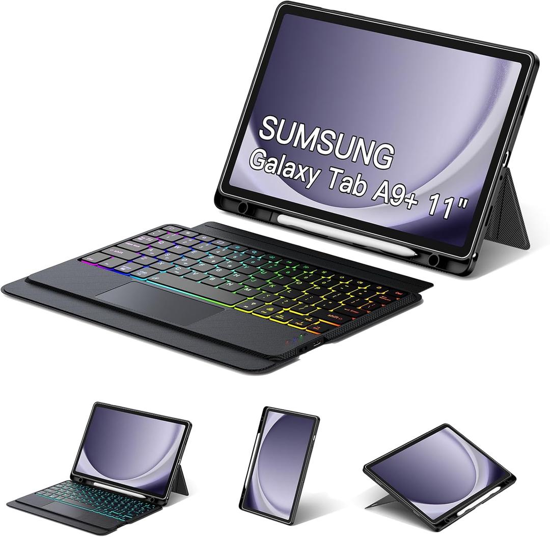 Trackpad Keyboard Case for Samsung Galaxy Tab A9 Plus/A9+ 11 Inch 5G 2023 SM-X210/X216/X218, 7-Color Backlit Slim Wireless Detachable Magnetic Keyboard for A9+ Tablet with S Pen Holder Black